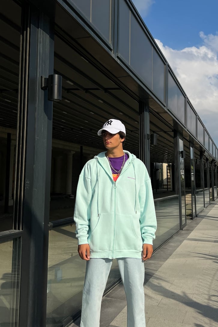 DSGN Baskılı Su Yeşili Fermuarlı Sweatshirt