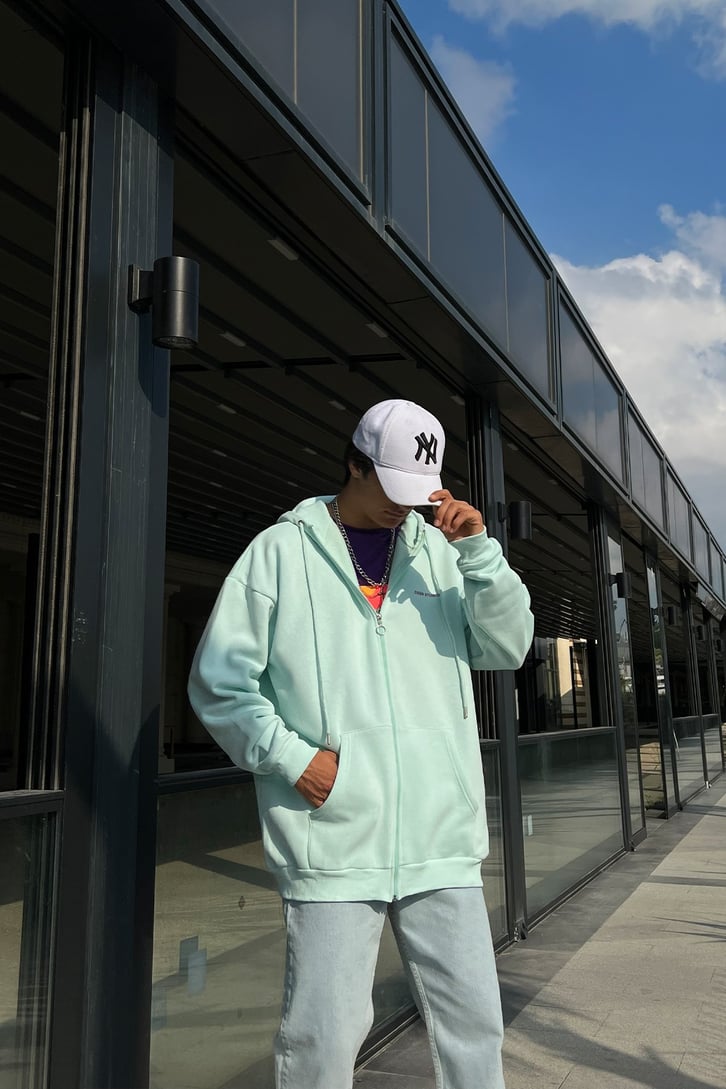 DSGN Baskılı Su Yeşili Fermuarlı Sweatshirt