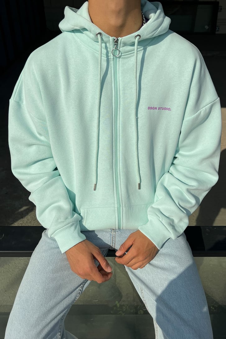 DSGN Baskılı Su Yeşili Fermuarlı Sweatshirt