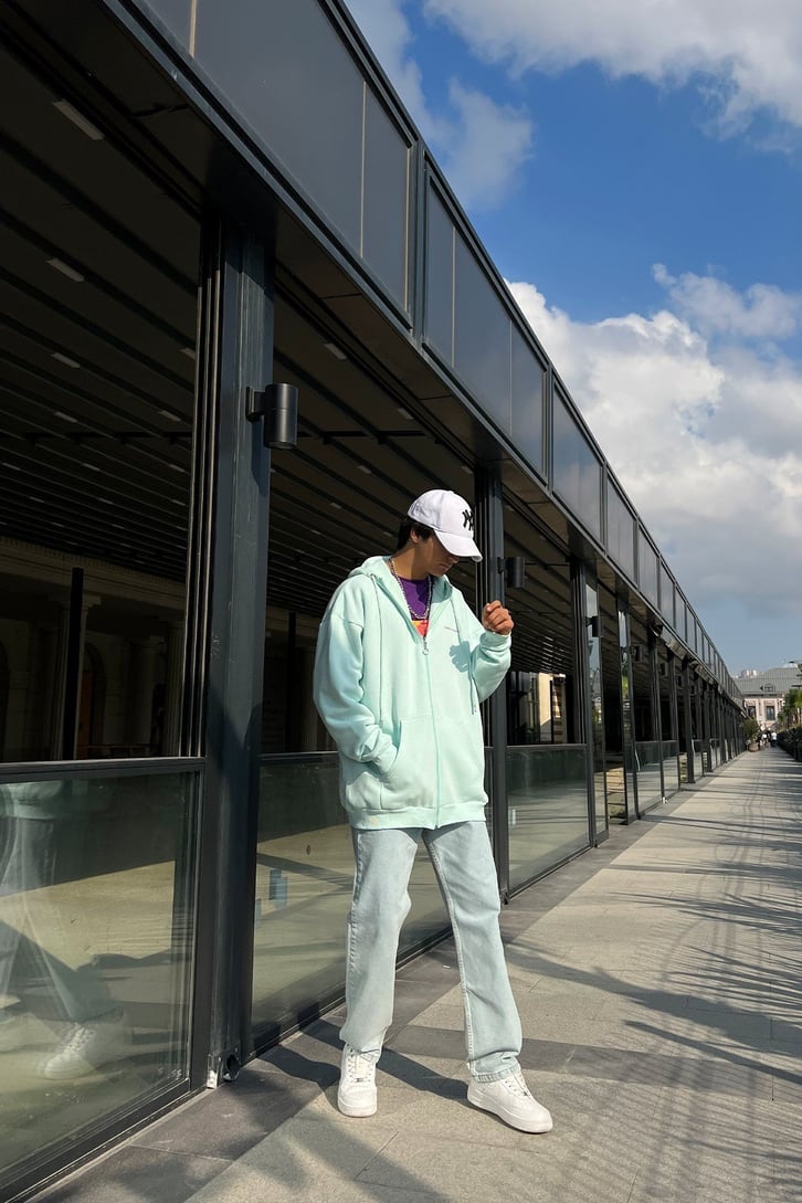 DSGN Baskılı Su Yeşili Fermuarlı Sweatshirt