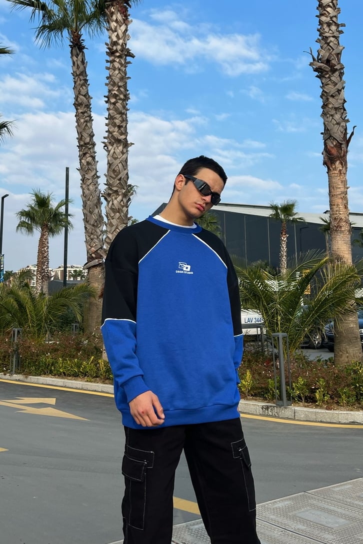 Dsgn Parçalı Mavi Oversize Sweatshirt