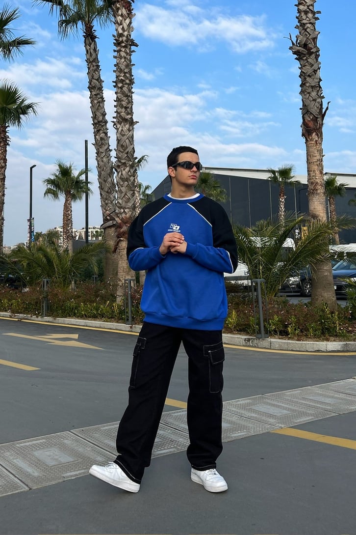Dsgn Parçalı Mavi Oversize Sweatshirt