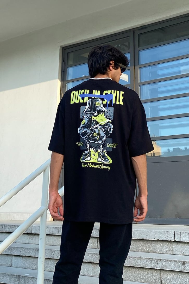 Duck Style Baskìlì Siyah Oversize Tshirt