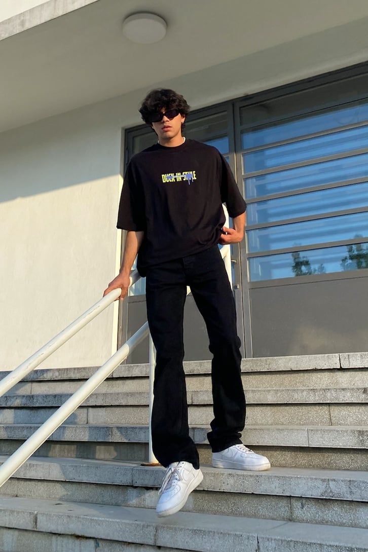 Duck Style Baskìlì Siyah Oversize Tshirt