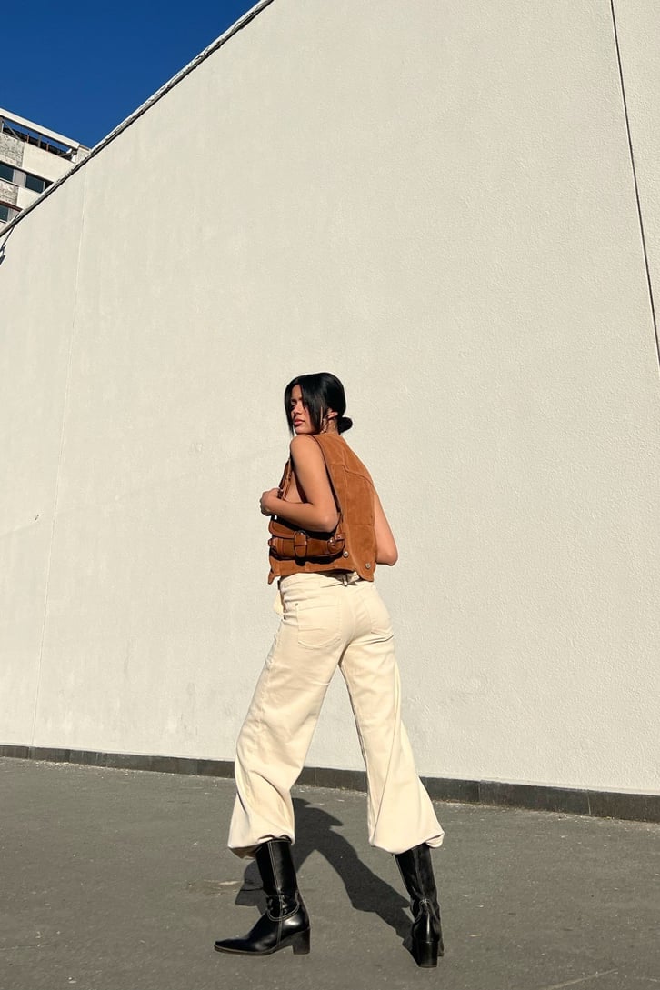 Düğme Detay Krem Baggy Pantolon