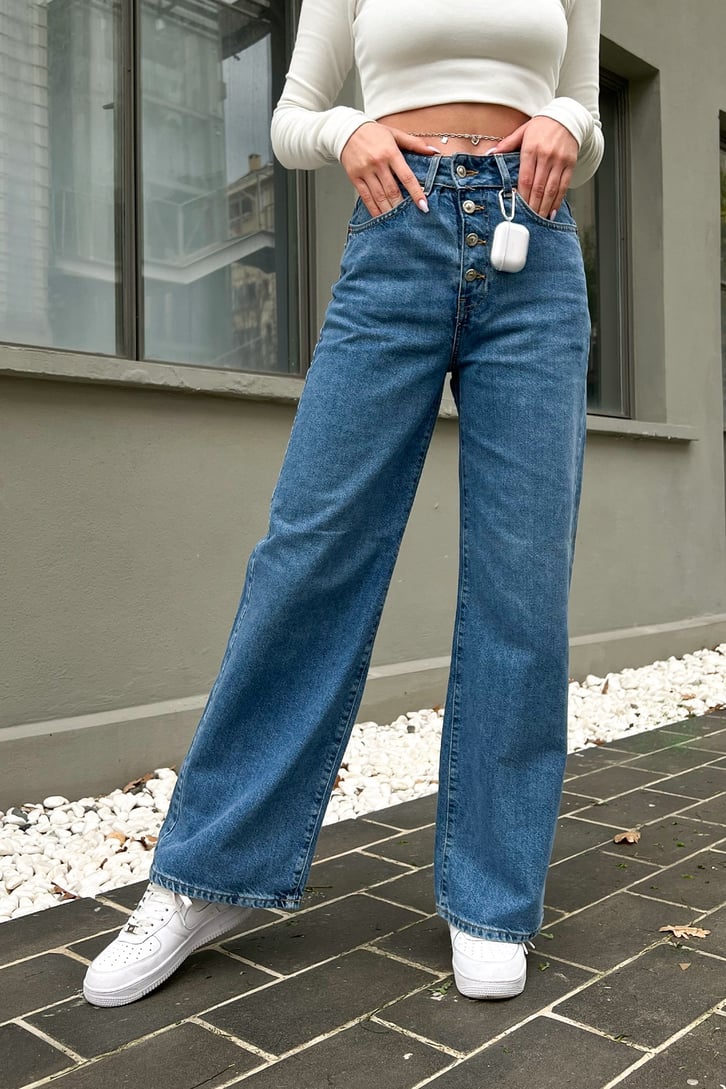 Düğme Detay Mavi Baggy Jean