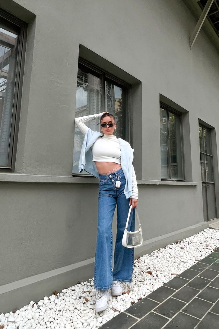 Düğme Detay Mavi Baggy Jean