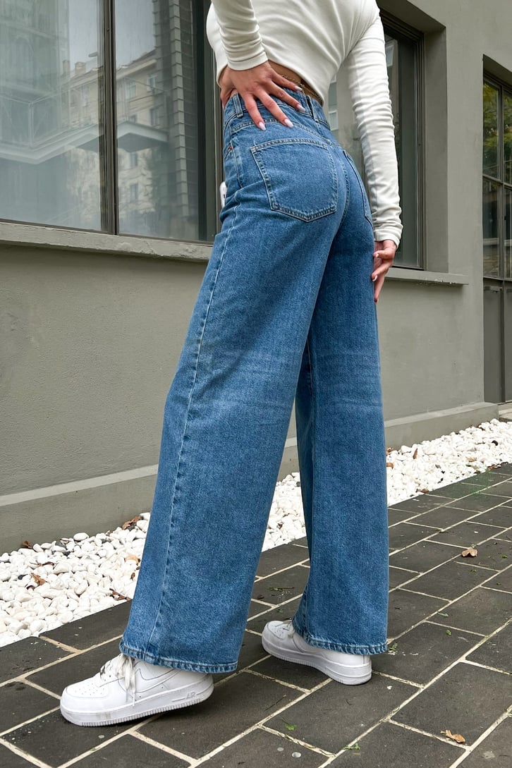 Düğme Detay Mavi Baggy Jean