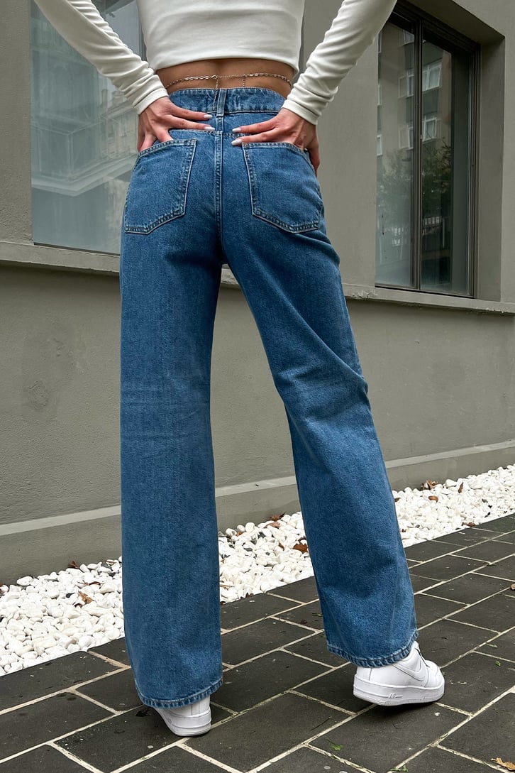 Düğme Detay Mavi Baggy Jean