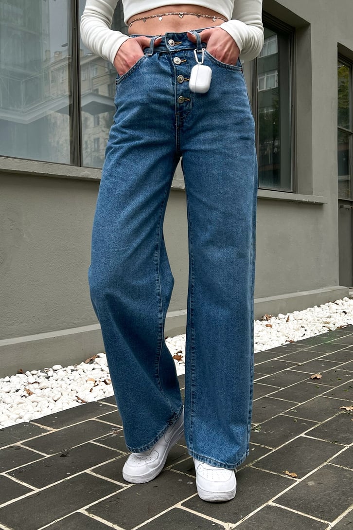 Düğme Detay Mavi Baggy Jean