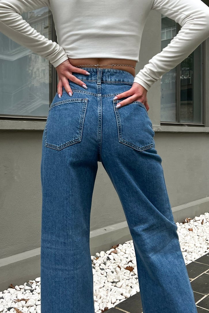 Düğme Detay Mavi Baggy Jean