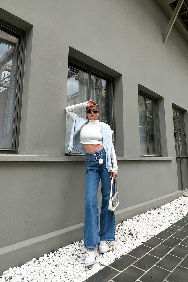Düğme Detay Mavi Baggy Jean