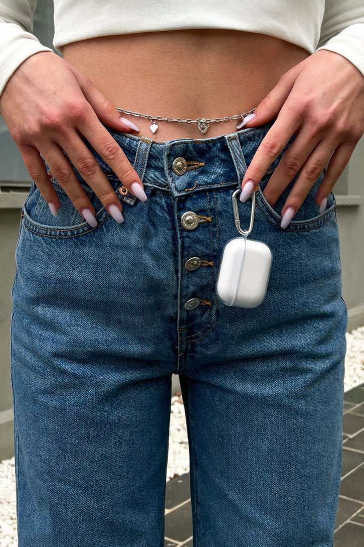 Düğme Detay Mavi Baggy Jean