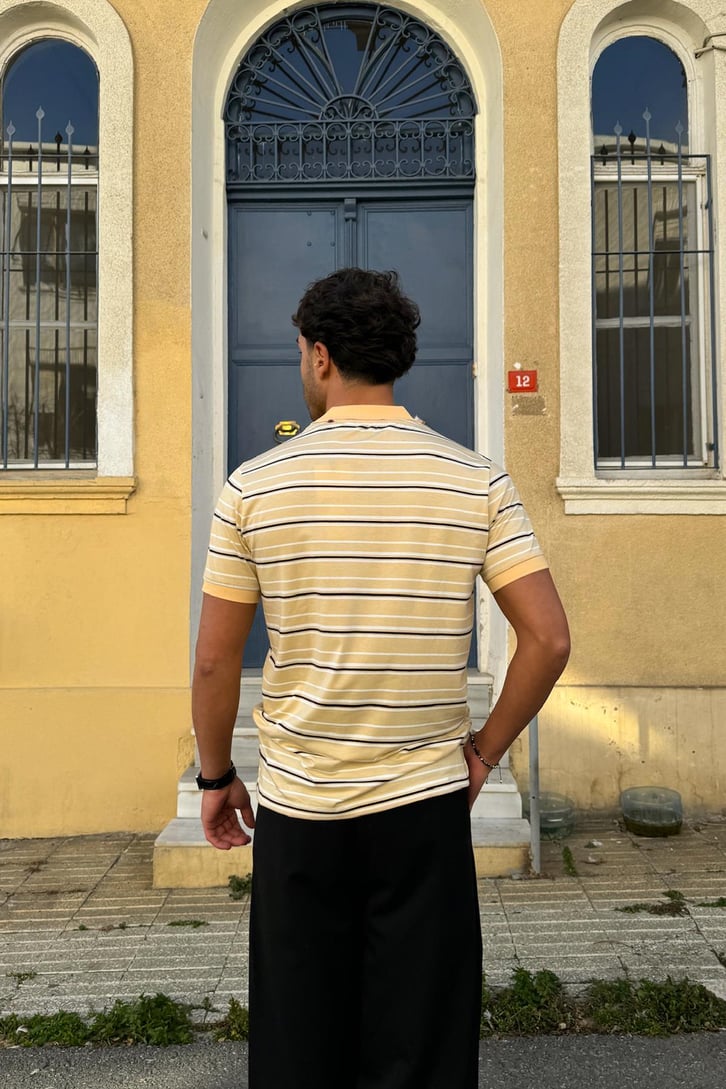 Düğmeli Polo Yaka Çizgili Tişört