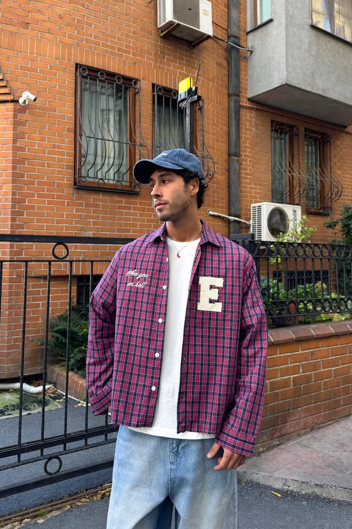 E Nakış Ekose Oversize Gömlek