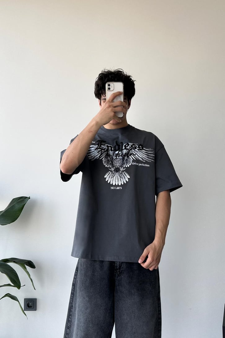Eagle Baskılı Füme Oversize Tişört