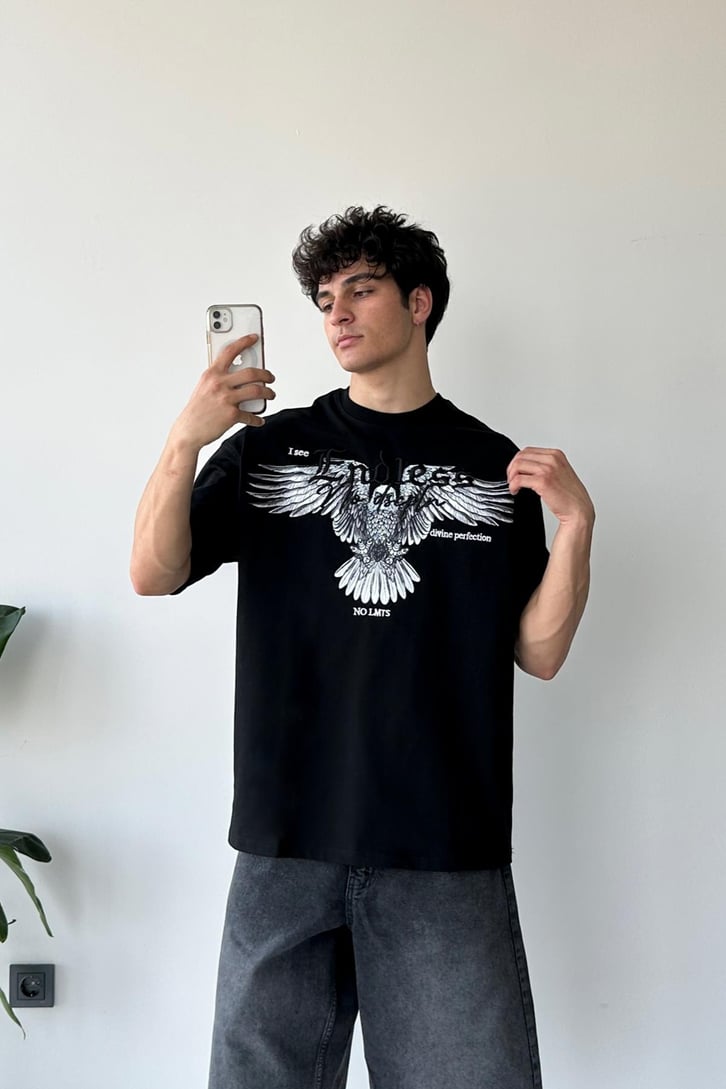 Eagle Baskılı Siyah Oversize Tişört