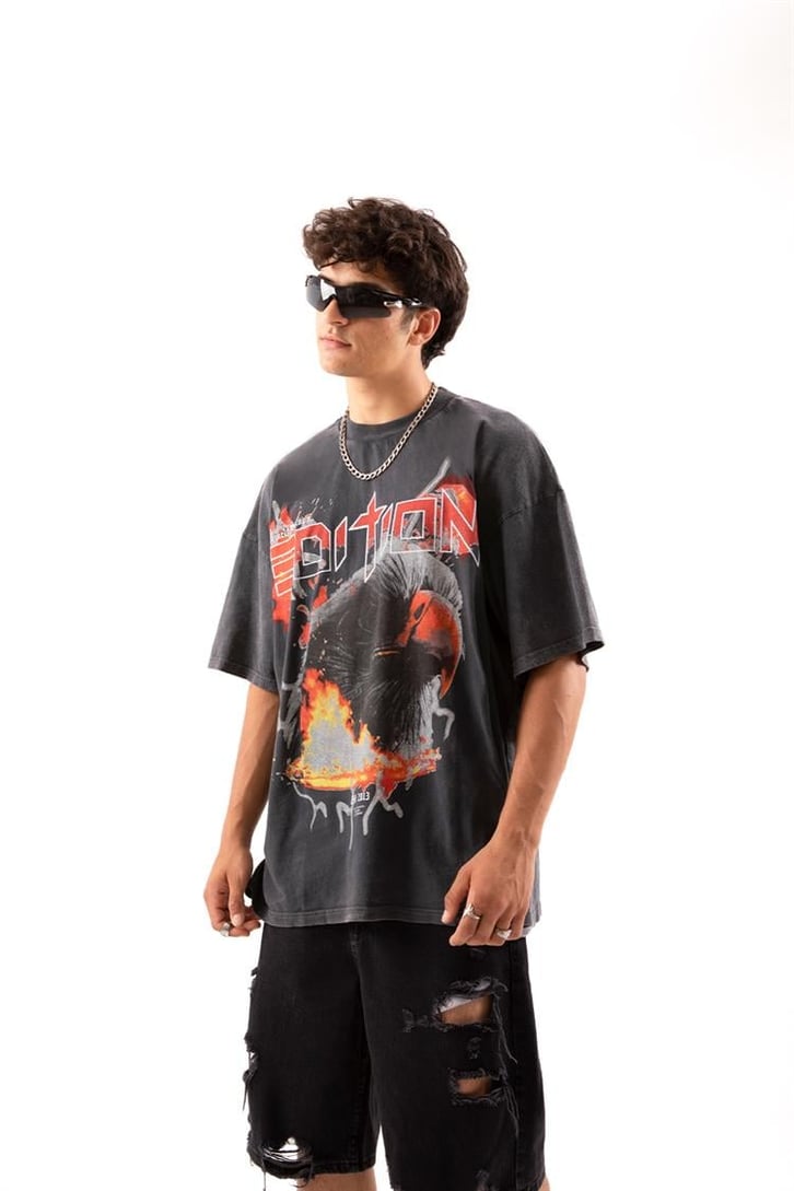 Eagle Edition Baskılı Acid Wash Oversize Tişört