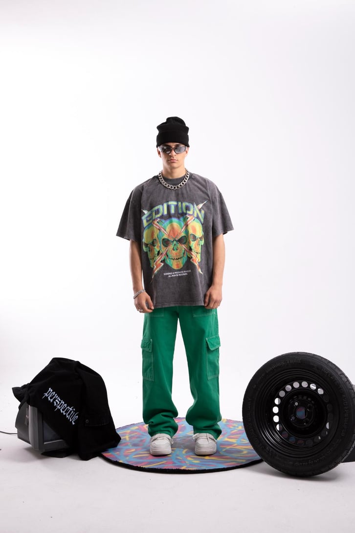 Edition X Skull Baskılı Acid Wash Oversize Tshirt
