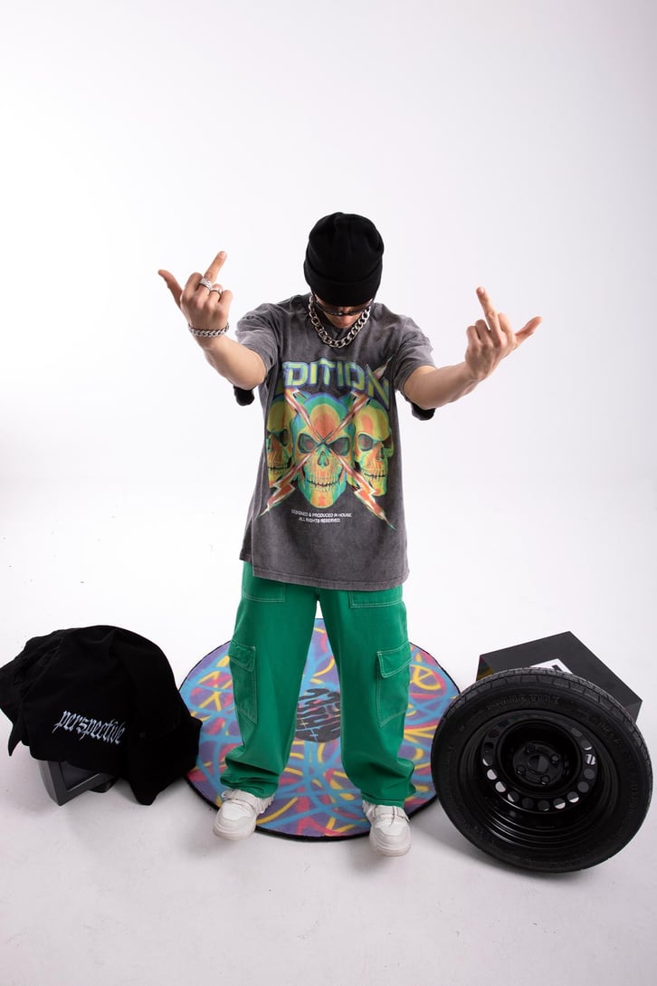 Edition X Skull Baskılı Acid Wash Oversize Tshirt