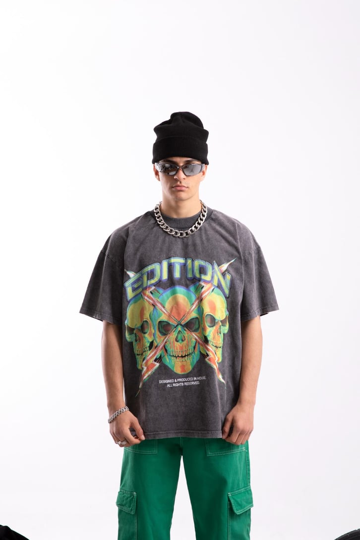 Edition X Skull Baskılı Acid Wash Oversize Tshirt