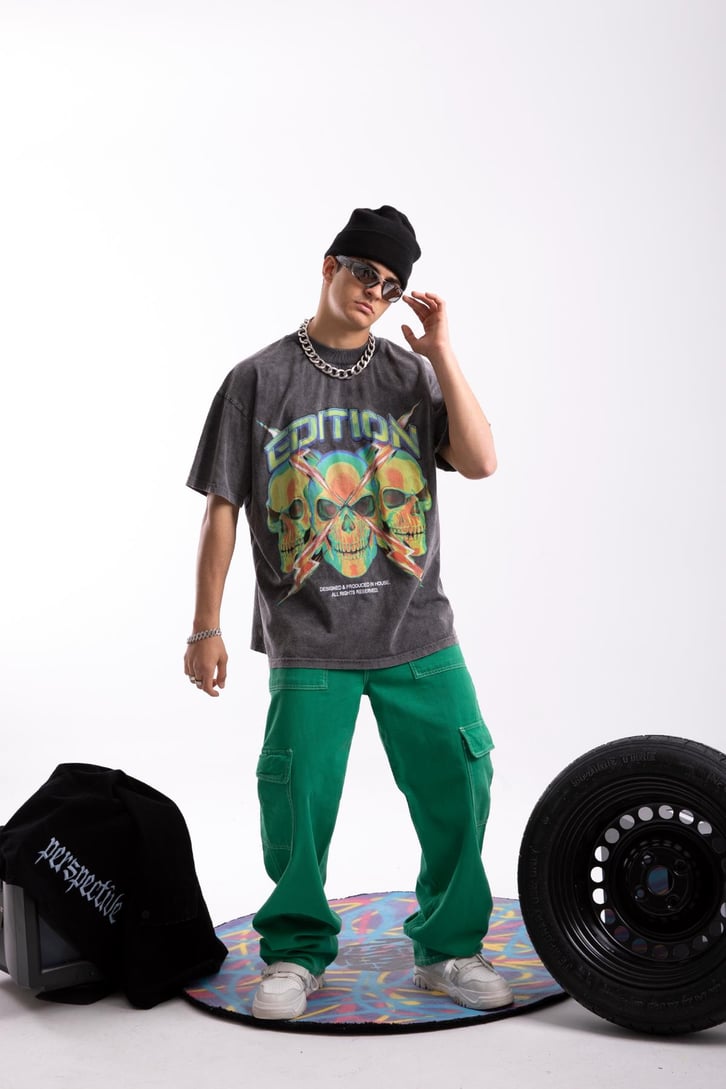 Edition X Skull Baskılı Acid Wash Oversize Tshirt