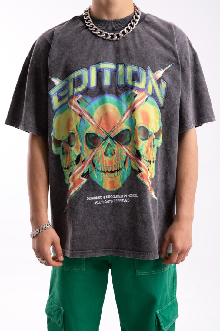 Edition X Skull Baskılı Acid Wash Oversize Tshirt