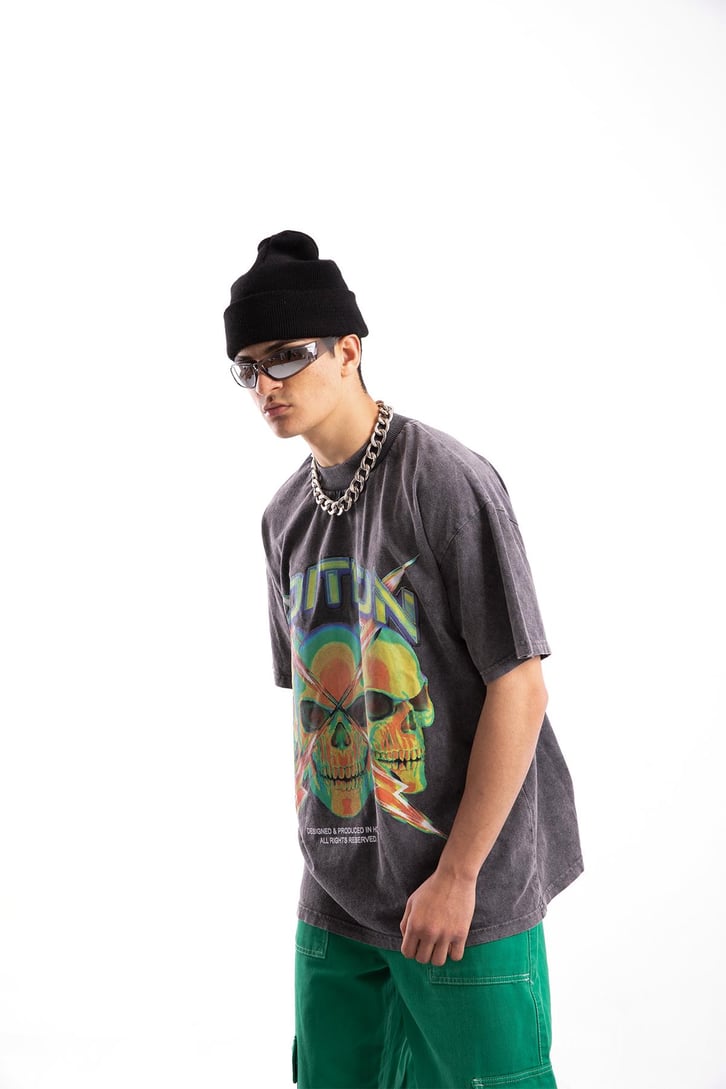 Edition X Skull Baskılı Acid Wash Oversize Tshirt