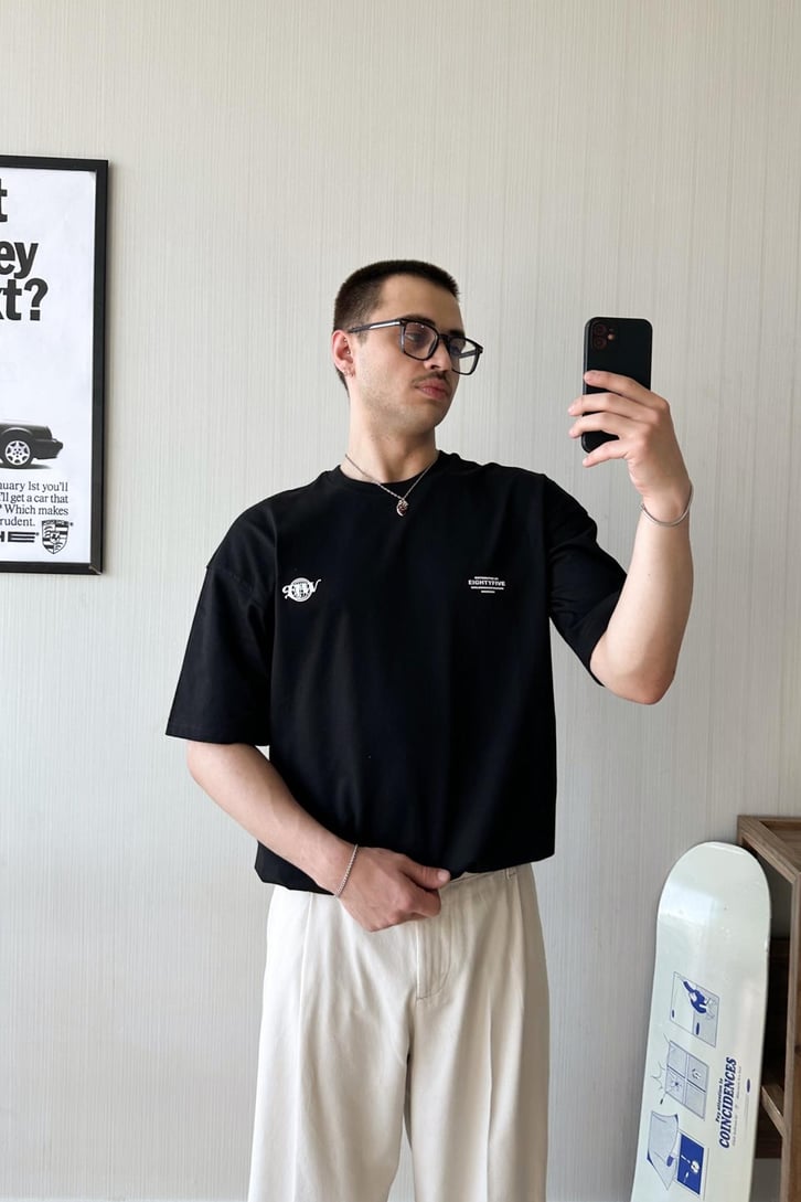 Eightyfive Baskılı Siyah Oversize Tişört