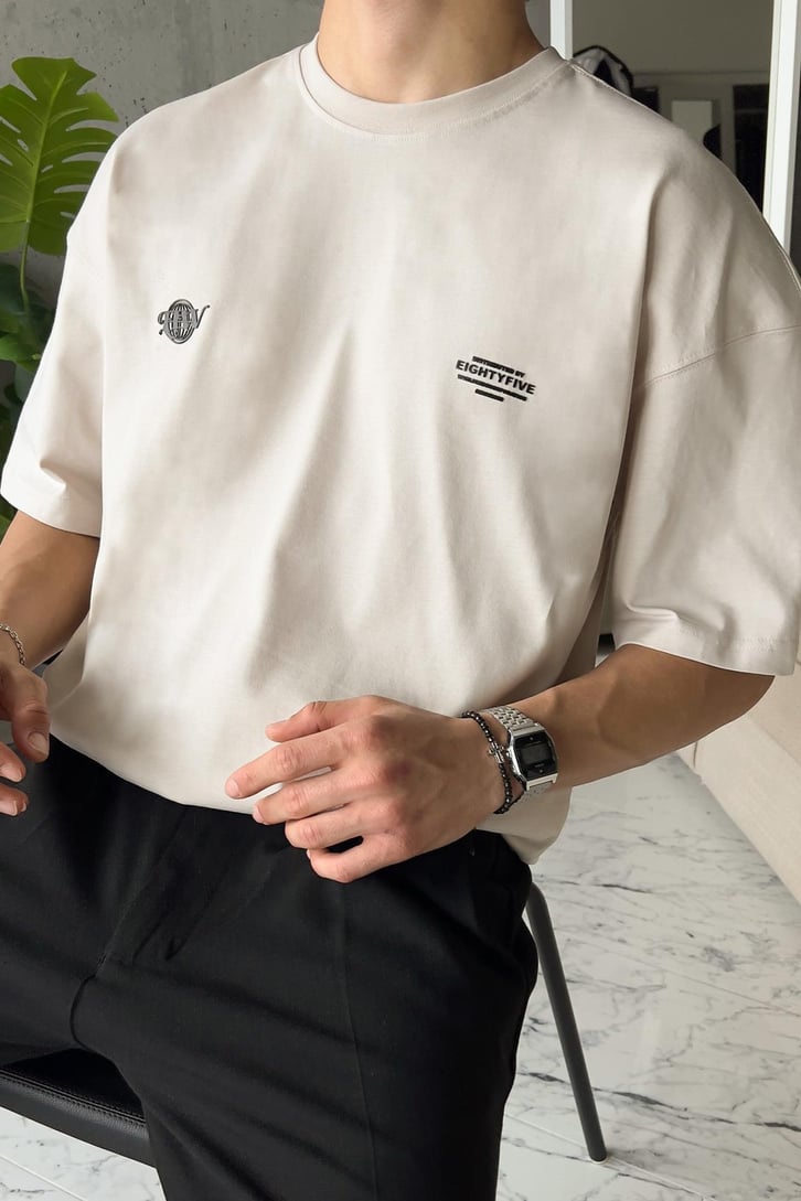 Eightyfive Baskılı Taş Rengi Oversize Tişört
