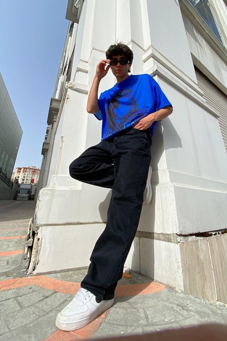 Eilish Blue Baskılı Lacivert Oversize Tshirt