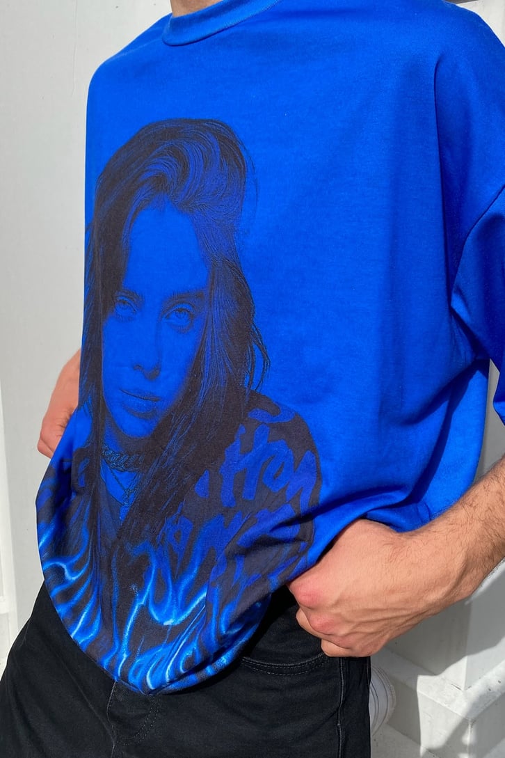 Eilish Blue Baskılı Lacivert Oversize Tshirt