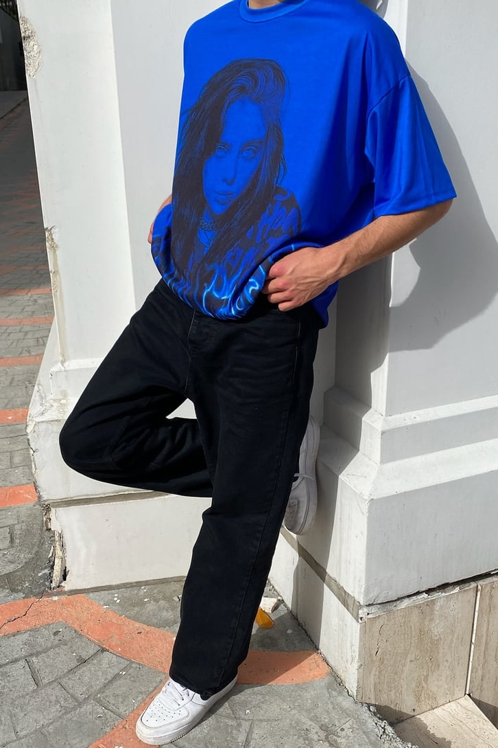 Eilish Blue Baskılı Lacivert Oversize Tshirt