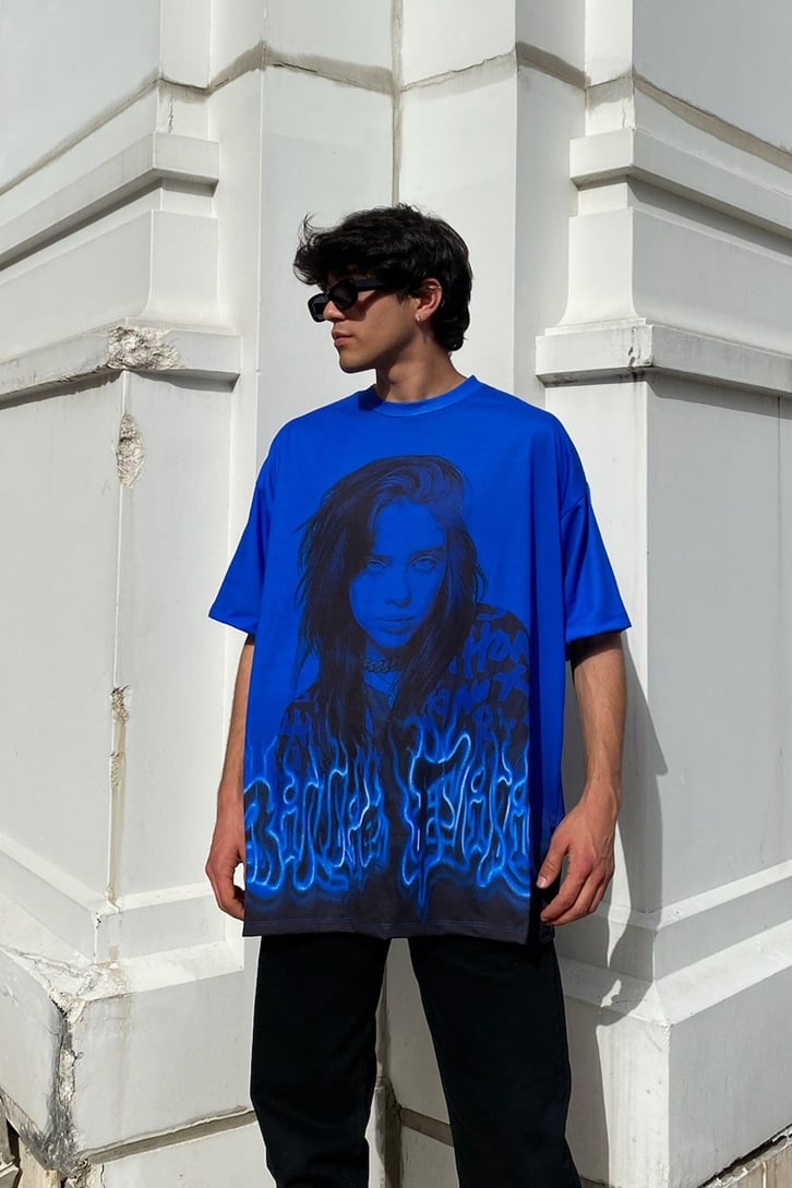 Eilish Blue Baskılı Lacivert Oversize Tshirt