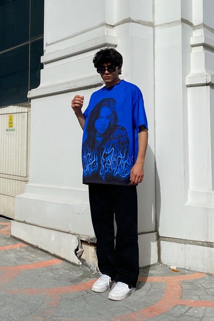 Eilish Blue Baskılı Lacivert Oversize Tshirt