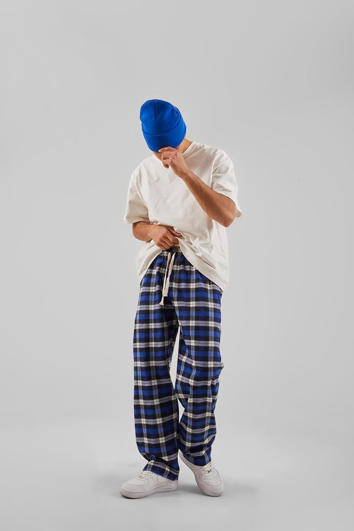 Ekose Desen Bel Lastikli Saks Mavisi Pijama