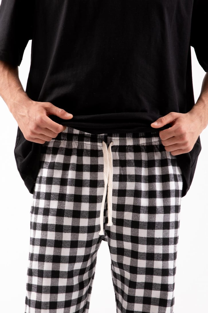Ekose Desen Bel Lastikli Siyah Pijama