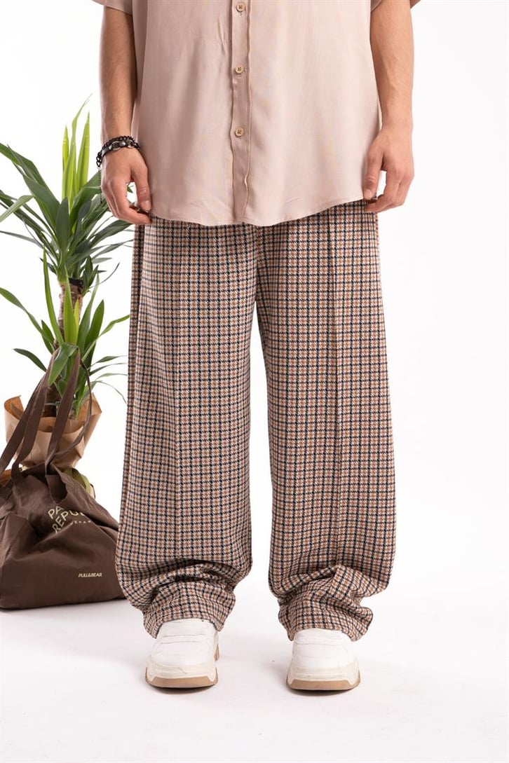 Ekose Desen Camel Relaxed Fit Eşofman Altı