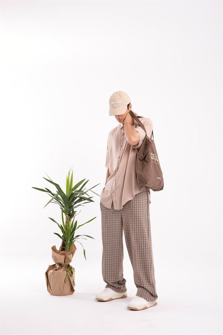Ekose Desen Camel Relaxed Fit Eşofman Altı