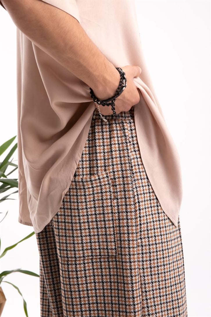 Ekose Desen Camel Relaxed Fit Eşofman Altı