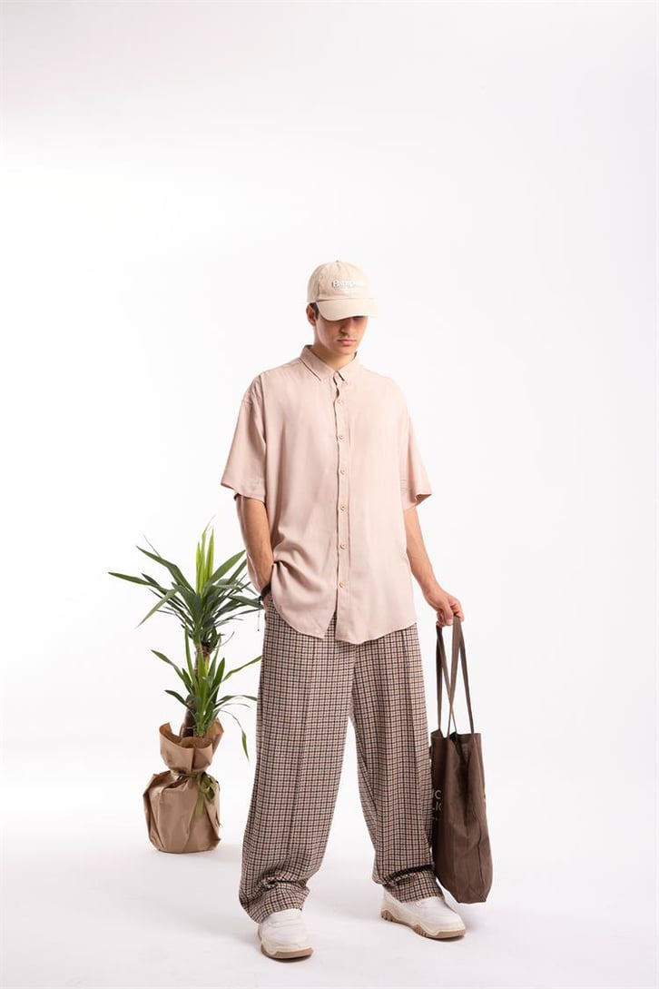 Ekose Desen Camel Relaxed Fit Eşofman Altı
