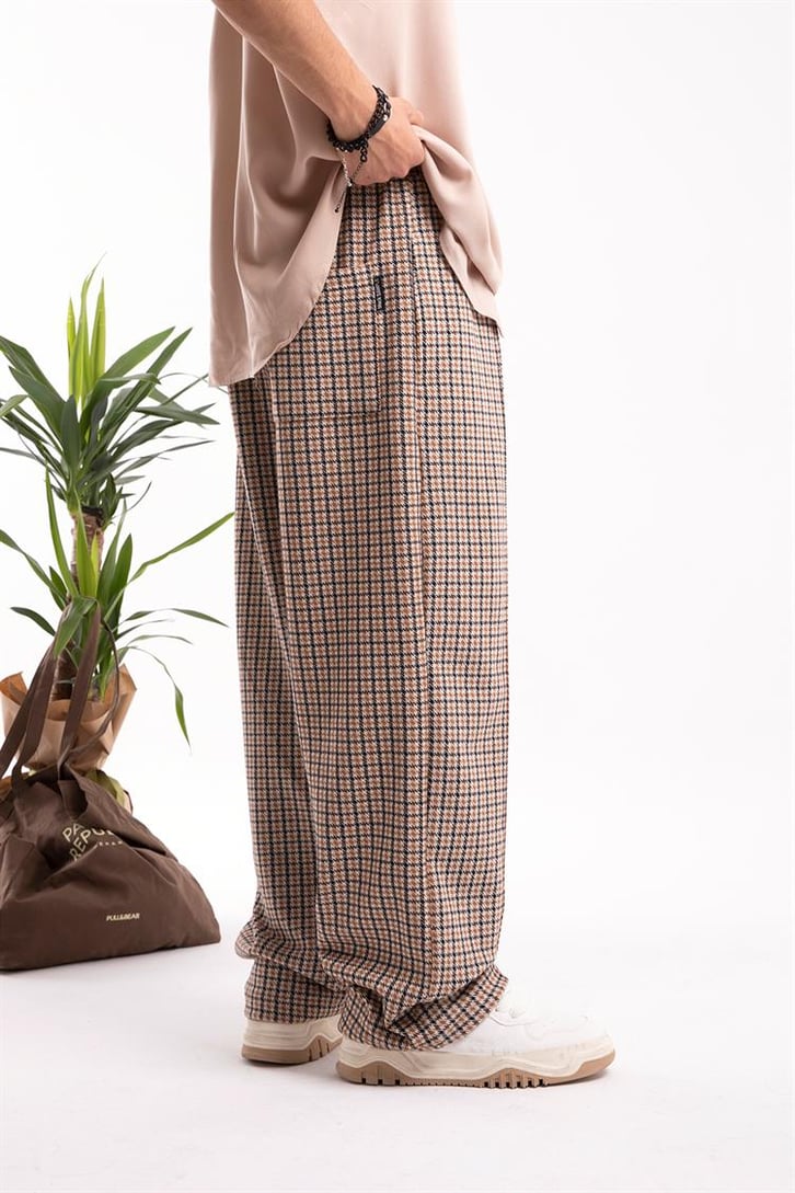 Ekose Desen Camel Relaxed Fit Eşofman Altı
