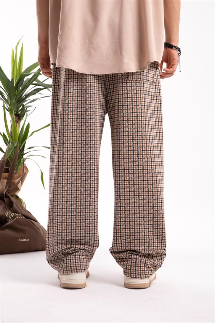 Ekose Desen Camel Relaxed Fit Eşofman Altı