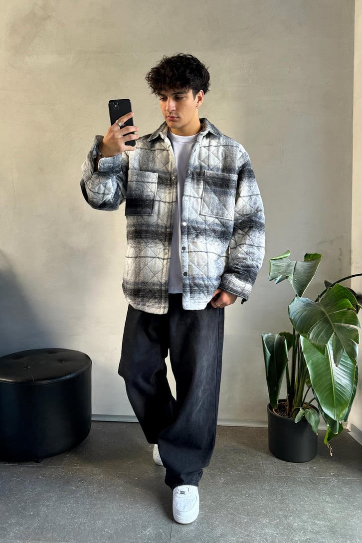 Ekose Desen Cep Detay Oversize Ceket