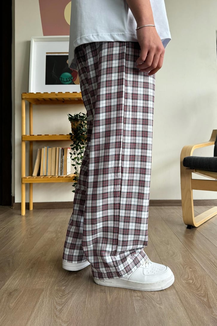 Ekose Desen Kırmızı Beyaz Baggy Pijama