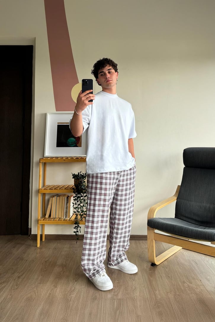 Ekose Desen Kırmızı Beyaz Baggy Pijama