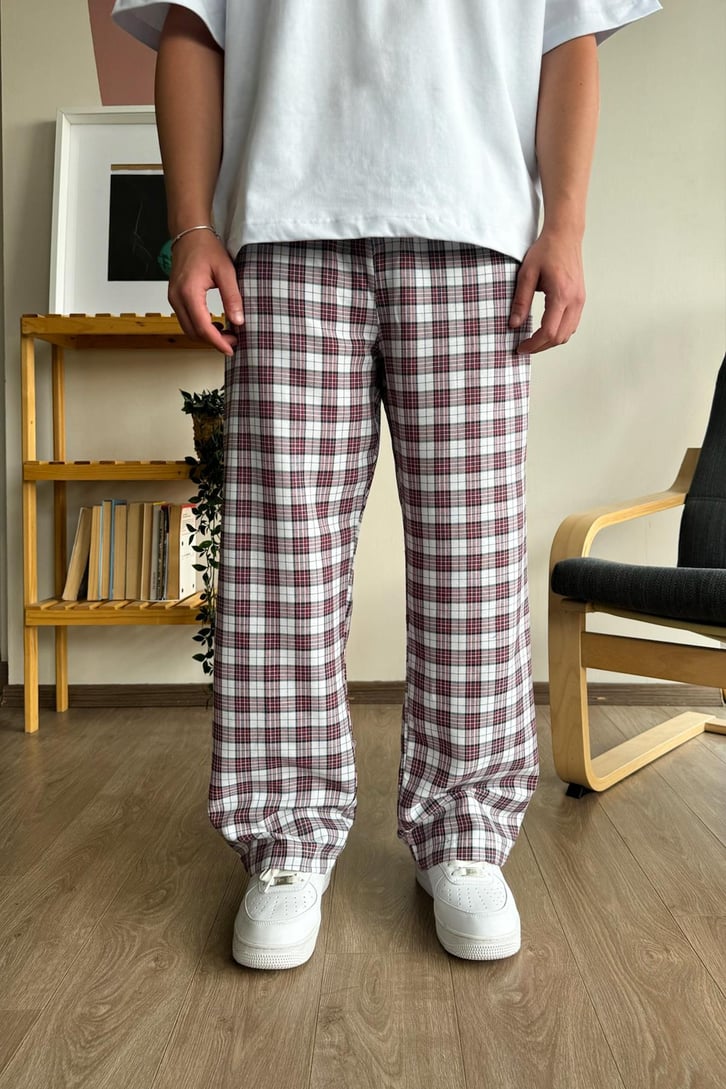 Ekose Desen Kırmızı Beyaz Baggy Pijama