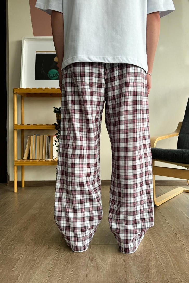 Ekose Desen Kırmızı Beyaz Baggy Pijama