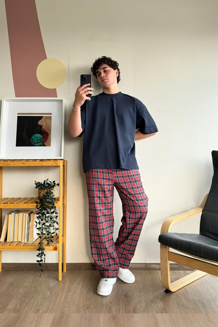 Ekose Desen Kırmızı Yeşil Baggy Pijama
