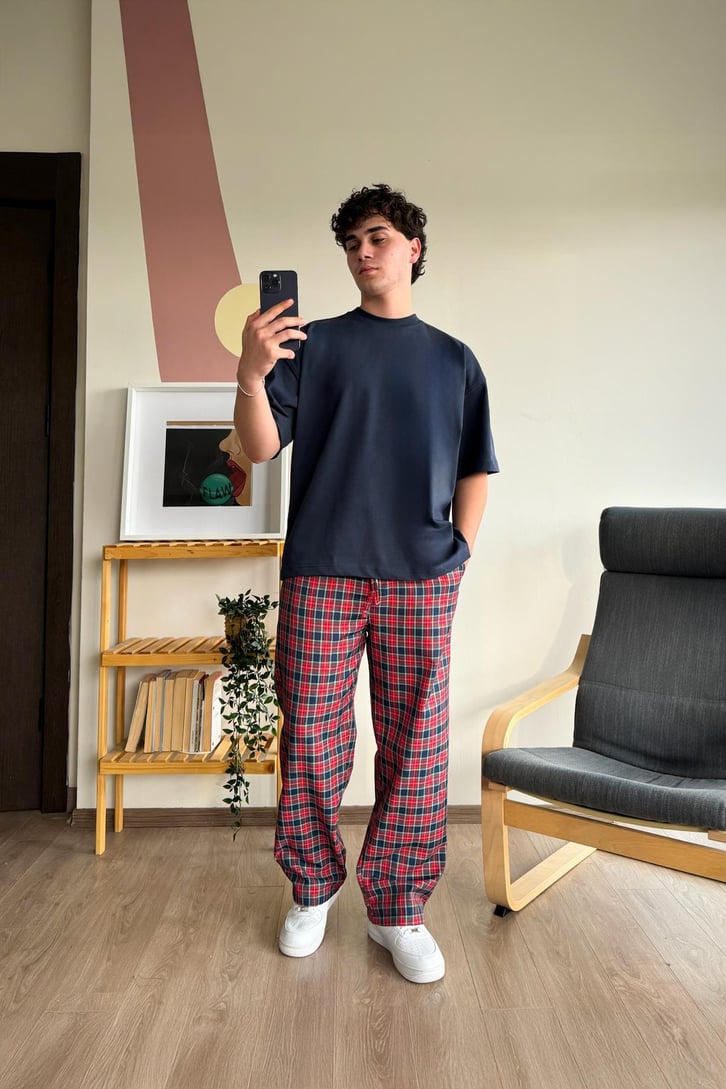 Ekose Desen Kırmızı Yeşil Baggy Pijama
